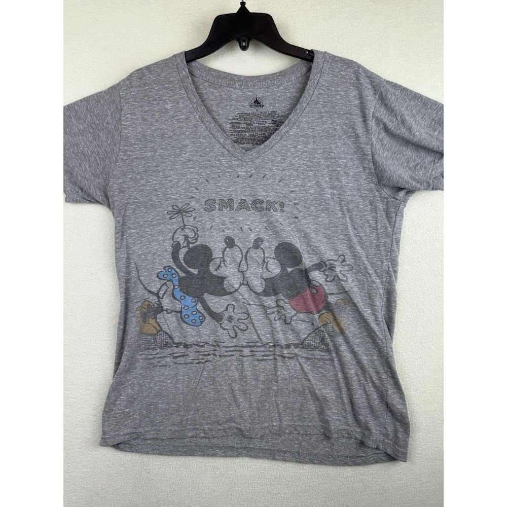 Disney Mickey Minnie Mouse Graphic T-Shirt Womens XL Gray V Neck Short Sleeve